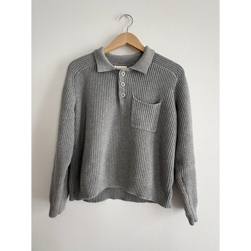 ✿ Allir ow Gray Knit Polo Sweater 100% Cotton Long Sleeve Pocket Casual L EU